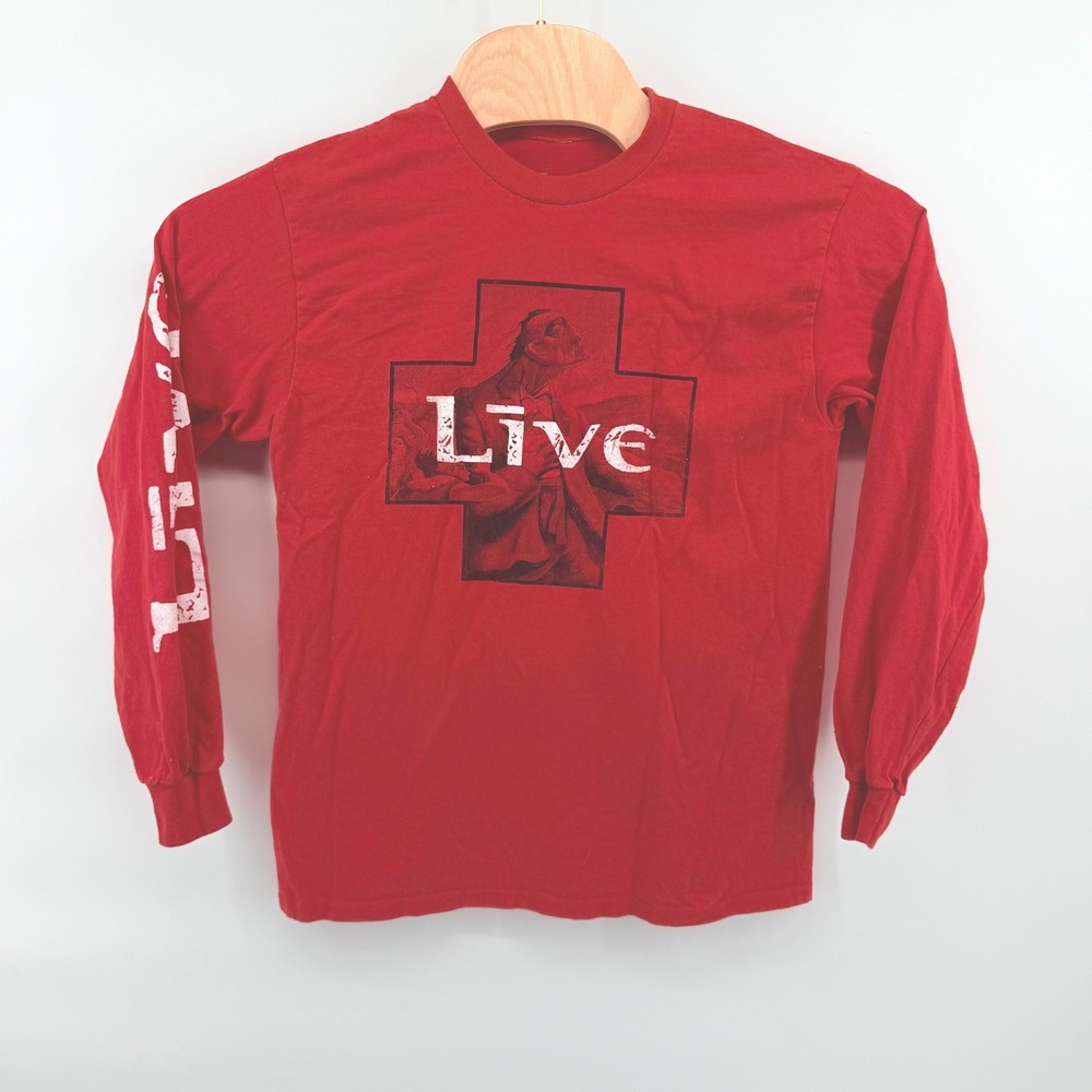 Live Band Long Sleeve T-Shirt Mens Medium Red Graphic Rock Concert Tee